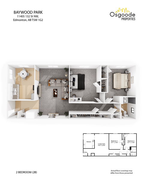 Floor plan for 2 beds, 1 bath, 960 sqft